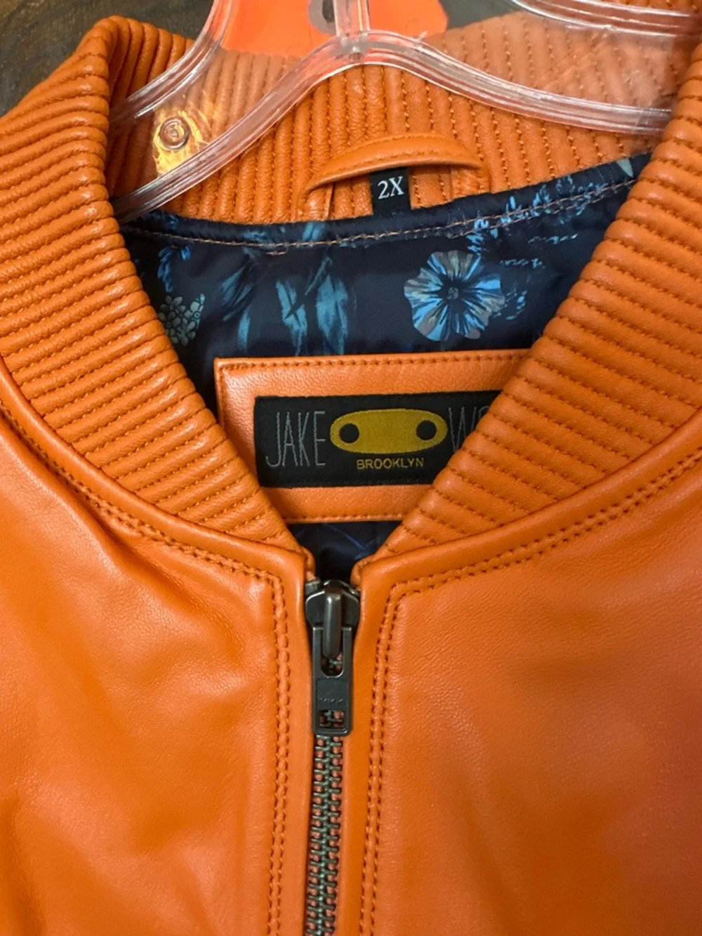 Jake Wood Men's Orange Lambskin Leather Zip-Up Bomber Varsity Jacket Size 2X - Picture 7 of 14
